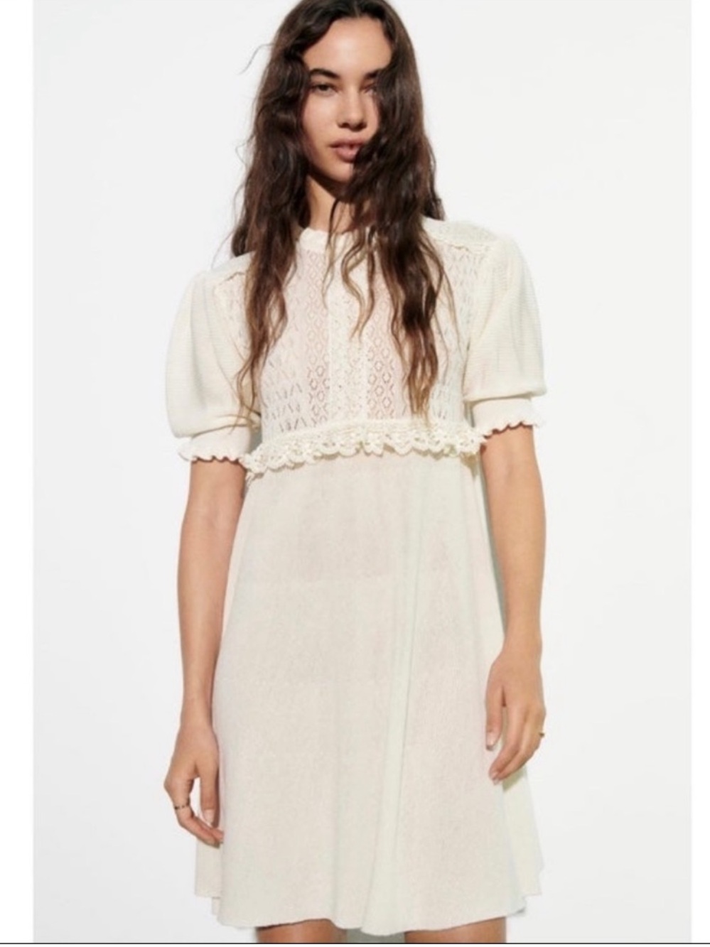 Zara Cream Pointelle Lace Mini Dress with Puff Sleeves